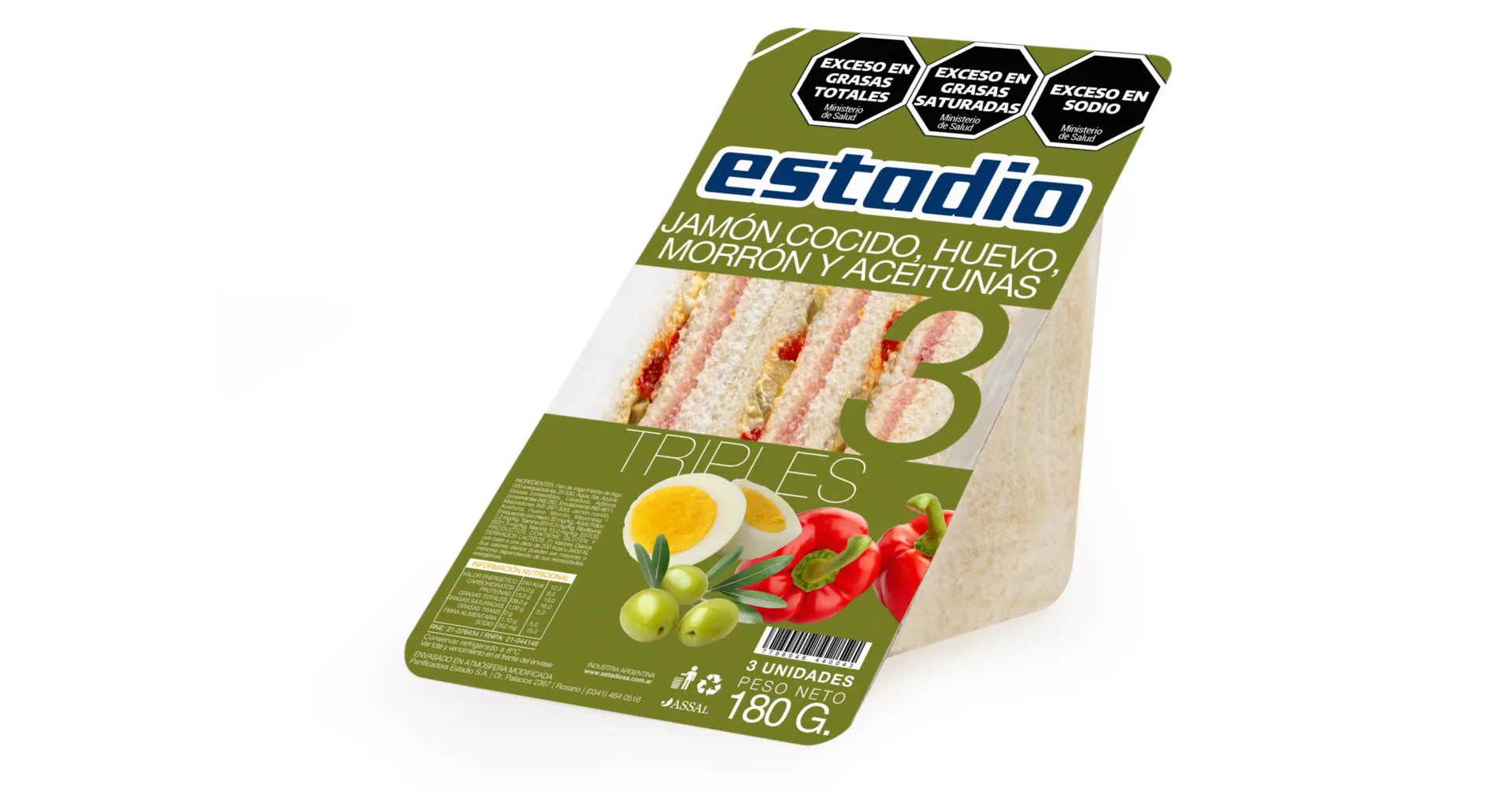 Triples de jamón cocido, huevo, morrón y aceituna